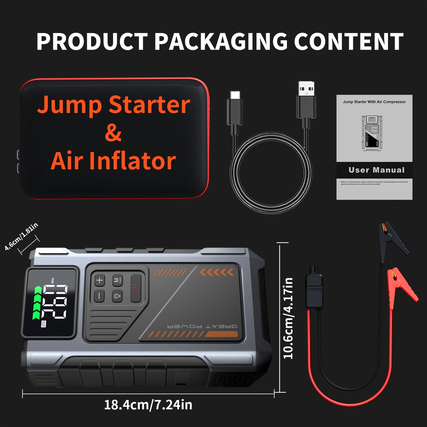 Jump Starter with Air Compressor 5000A Peak 150PSI Tire Inflator 5-in-1 Portable Car Battery Jump Pack for 8.0L Gas 6.5L Diesel Engine Digital Display Smart Cables 12V Power Bank
