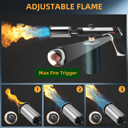 Propane Torch with One-Touch Max Fire & Safety Lock, Cooking Blow Torch Gun for Sous Vide, Searing Steak, BBQ, Grill, Campfire & Charcoal, Adjustable Flame Kitchen Torch, Black/Golden (Tank Not Included)