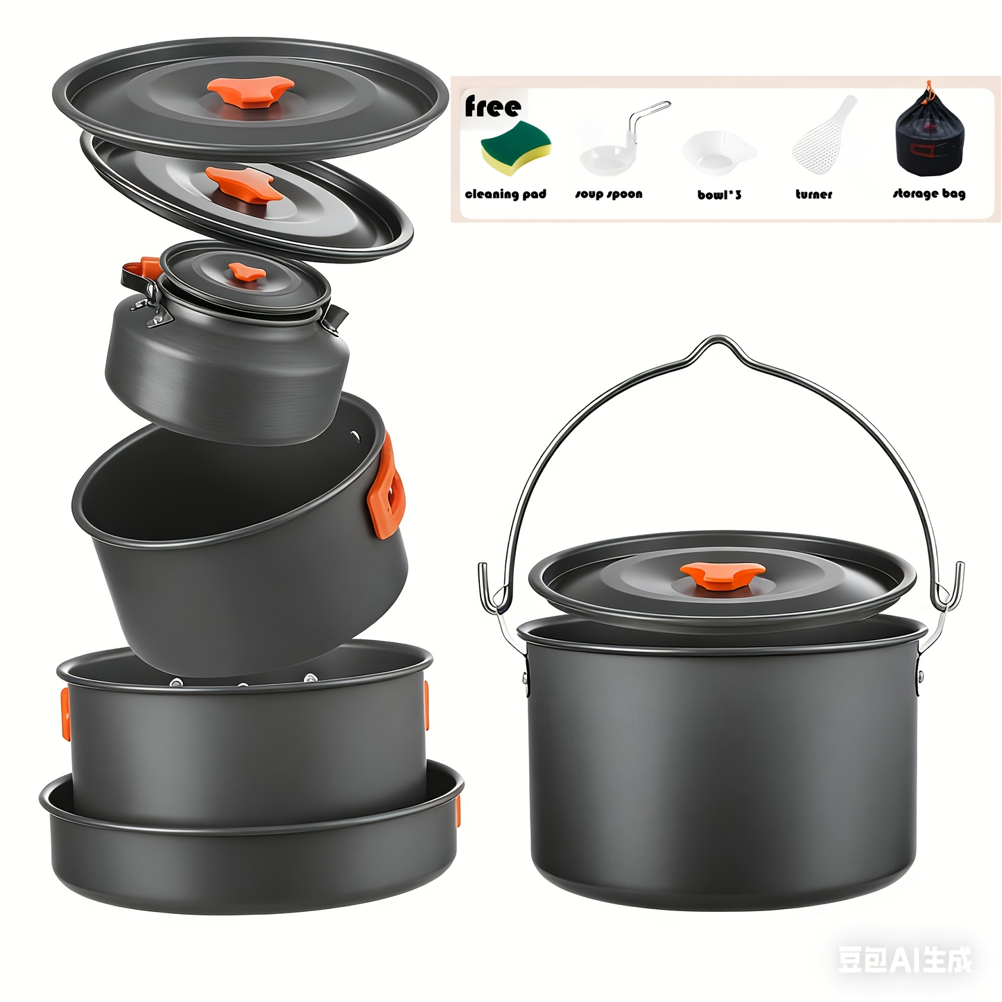 Outdoor Camping Cookware Set | Portable Aluminum Alloy Cooking Pot Pan Kettle Kit | Lightweight Backpacking Hiking Travel Picnic BBQ Gear for Family Camp Kitchen