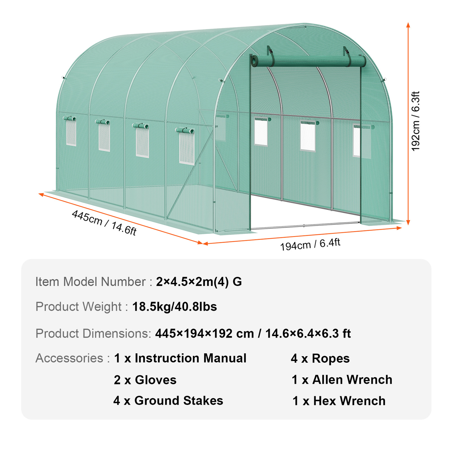 Tunnel Greenhouse Heavy Duty Galvanized Frame 140g/m² PE Cover, 6 Vent Windows Walk-In Hoop House for Garden & Farm, Multiple Sizes