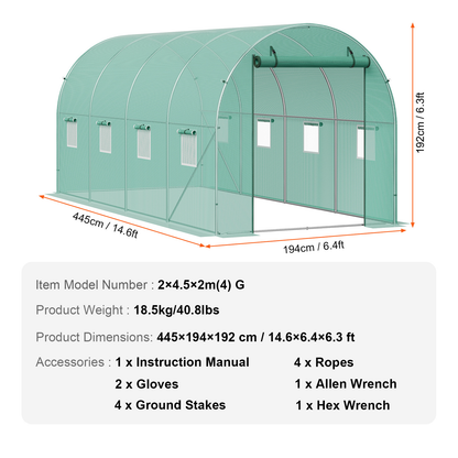 Tunnel Greenhouse Heavy Duty Galvanized Frame 140g/m² PE Cover, 6 Vent Windows Walk-In Hoop House for Garden & Farm, Multiple Sizes