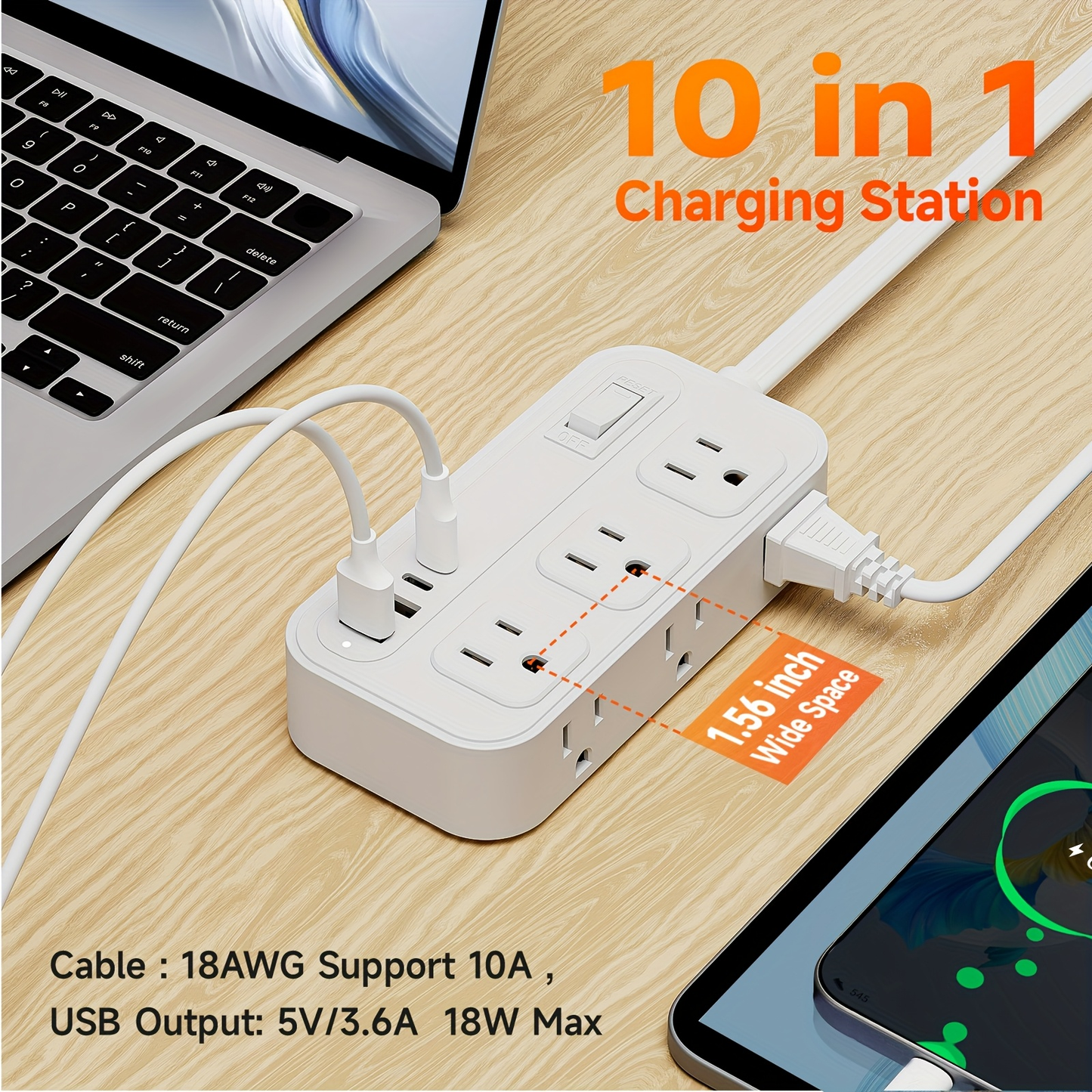 Power Strip Flat Plug Surge Protector with 6 AC Outlets 4 USB Ports 2 USB-C 2 USB-A 5ft Extension Cord Desk Charging Station for Home Dorm Office Travel