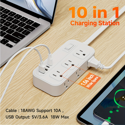 Power Strip Flat Plug Surge Protector with 6 AC Outlets 4 USB Ports 2 USB-C 2 USB-A 5ft Extension Cord Desk Charging Station for Home Dorm Office Travel