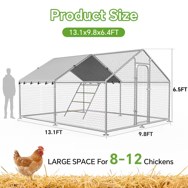Dog Kennel Outdoor Large Metal Walk-in Chicken Run Pen Poultry Cage with Anti-UV Cover Movable Rack or Dolly 2 Sizes for Farm Backyard Chickens Dogs Rabbits