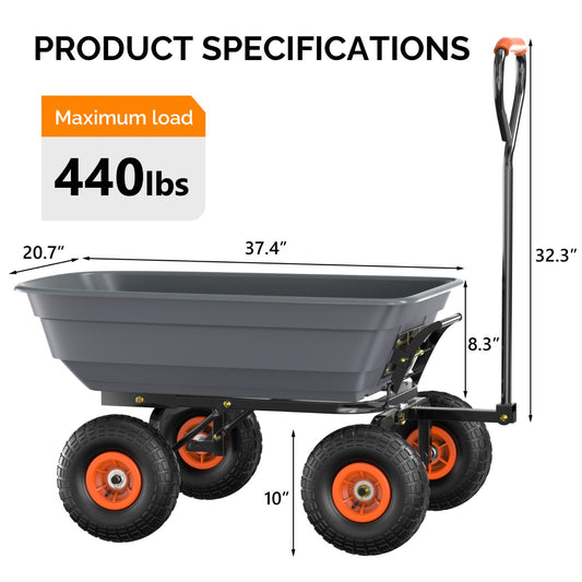 Garden Cart Dump Wagon 440 lbs Capacity, 4-Wheel Poly Cargo Cart with 2-in-1 Handle for Garden, Farm, Lawn and Yard Hauling, 44x26x39 in, Gray
