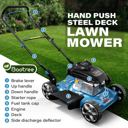 Walk-Behind Gas Lawn Mower 20-Inch 144cc 4-Stroke Engine, 2-in-1 Side Discharge & Mulching, Lightweight Push Mower for Small Yards Under 1/4 Acre, Red & Blue