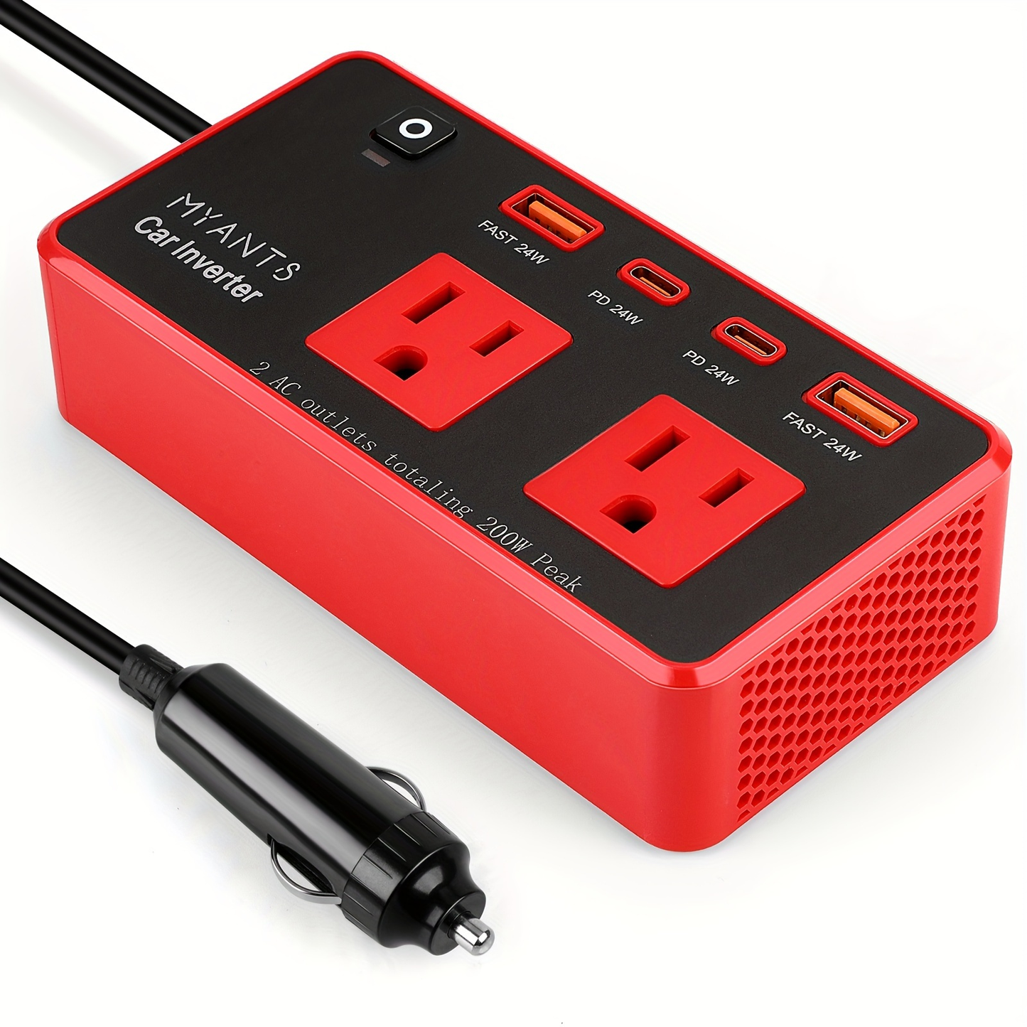 Vehicle Power Inverter 200W DC 12V to AC 110V 120V with 24W PD USB-C Fast Charging QC3.0 Multi-Port Car Charger Adapter for Phone Tablet Laptop Travel Road Trip