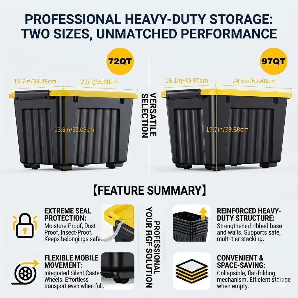 Stackable Storage Bins with Lids and Wheels | 72QT & 97QT Heavy Duty Bins | 4 or 6 Pack | 220LB Capacity | Clear, Blue/White, Black/Yellow