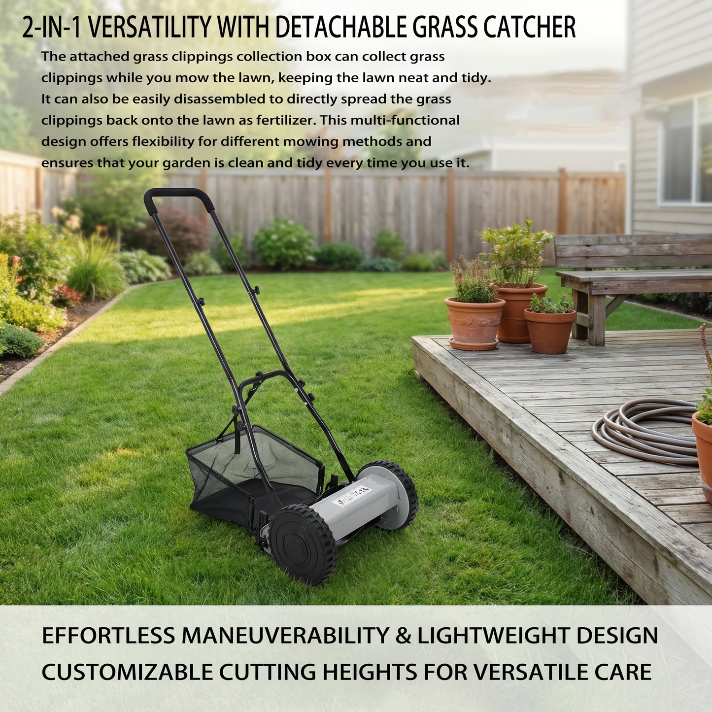 Reel Lawn Mower 14-Inch 5-Blade Manual Push with Grass Catcher, Adjustable Height 0.6"-1.8", Quiet No-Gas Walk-Behind Mower for Small Yards, 13.6 lbs Lightweight