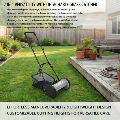 Reel Lawn Mower 14-Inch 5-Blade Manual Push with Grass Catcher, Adjustable Height 0.6"-1.8", Quiet No-Gas Walk-Behind Mower for Small Yards, 13.6 lbs Lightweight
