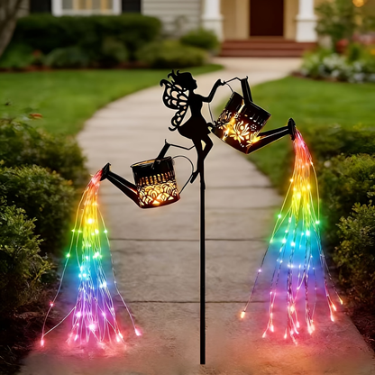 Solar Garden Light - Outdoor Fairy Statue Lamp with Rainbow Waterfall String Lights & Rose Lantern Multicolor LED Decor
