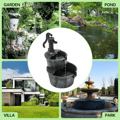 Outdoor Water Fountain | 2-Tier Barrel Waterfall Patio Garden Decor