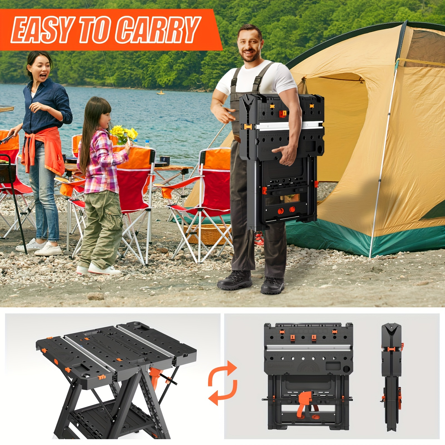 Folding Workbench 2-in-1 Portable Work Table, Height-Adjustable Sawhorse Workbench with 4 Woodworking Clamps, 4 Connecting Blocks, 2 Limit Blocks