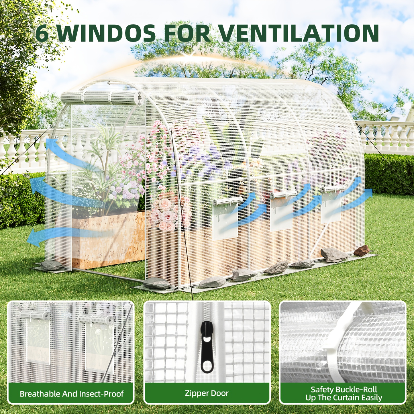 Outdoor Walk-In Greenhouse 10x6.6x6.6 FT – Dual Zippered Screen Doors, 6 Screen Windows & Reinforced Frame, Heavy-Duty Plastic Plant Warm House for Garden & Backyard, Green & White