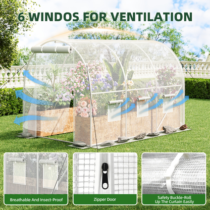 Outdoor Walk-In Greenhouse 10x6.6x6.6 FT – Dual Zippered Screen Doors, 6 Screen Windows & Reinforced Frame, Heavy-Duty Plastic Plant Warm House for Garden & Backyard, Green & White