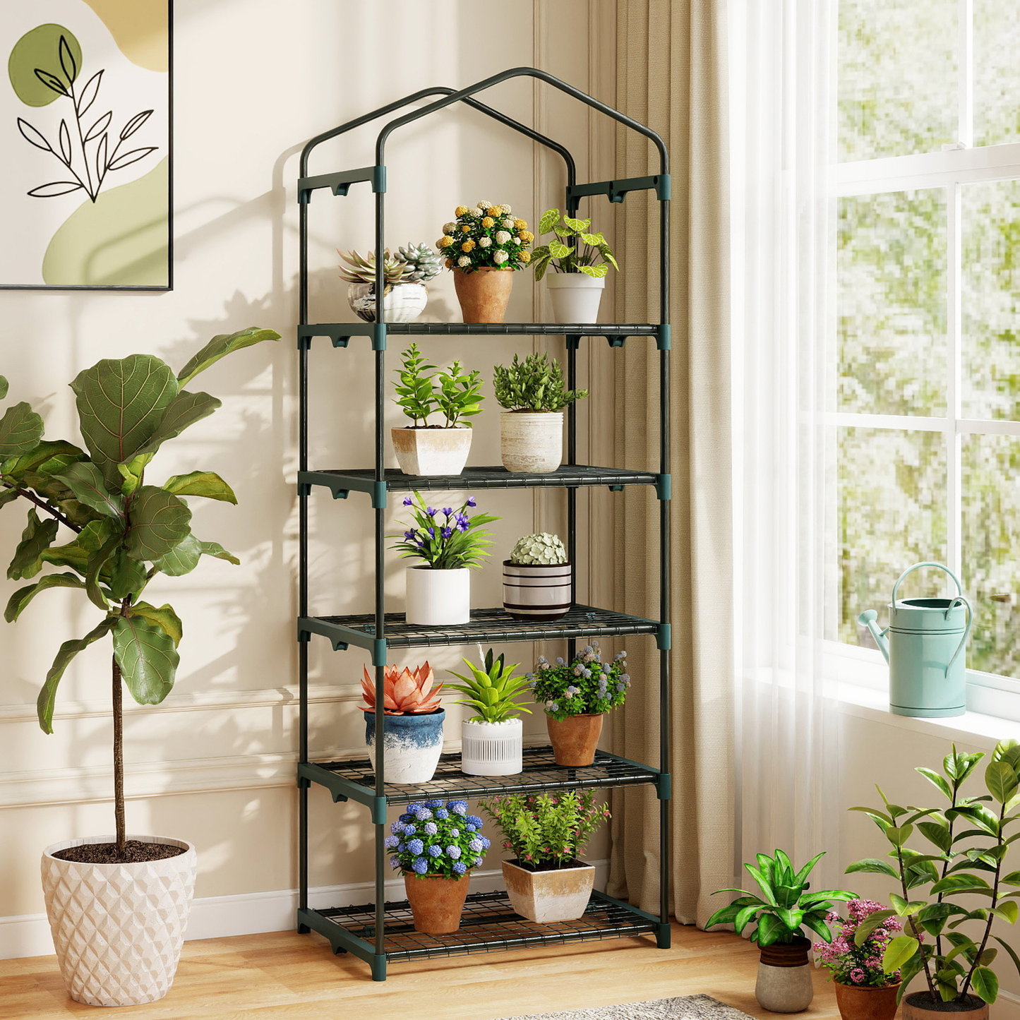 5-Tier Grow House Mini Greenhouse 27"x19"x75" with PE Grid Cover, Rustproof Electro-Coated Frame & Zippered Door, Space-Saving Indoor Outdoor Plant Shelter for Herbs & Seedlings