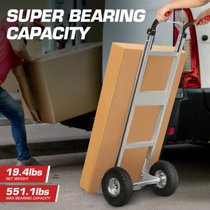 Heavy Duty Aluminum Hand Truck 550 lbs Capacity, Foldable Dolly Cart with 10-Inch Pneumatic Tires for Home, Workshop, Office and Warehouse