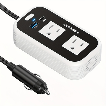 Car Plug Inverter 200W DC 12V to AC 110V with 30W PD Fast Charging QC3.0 24W USB-C Outlet Adapter for Laptop Computer Phone Tablet Vehicle Travel Road Trip