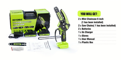 Cordless Mini Chainsaw 6-Inch, Handheld Pruning Saw with Rechargeable Battery, Adjustable Chain Tension, Safety Lock & Anti-Splash Guard for Branch Trimming in Yard, Garden & Home
