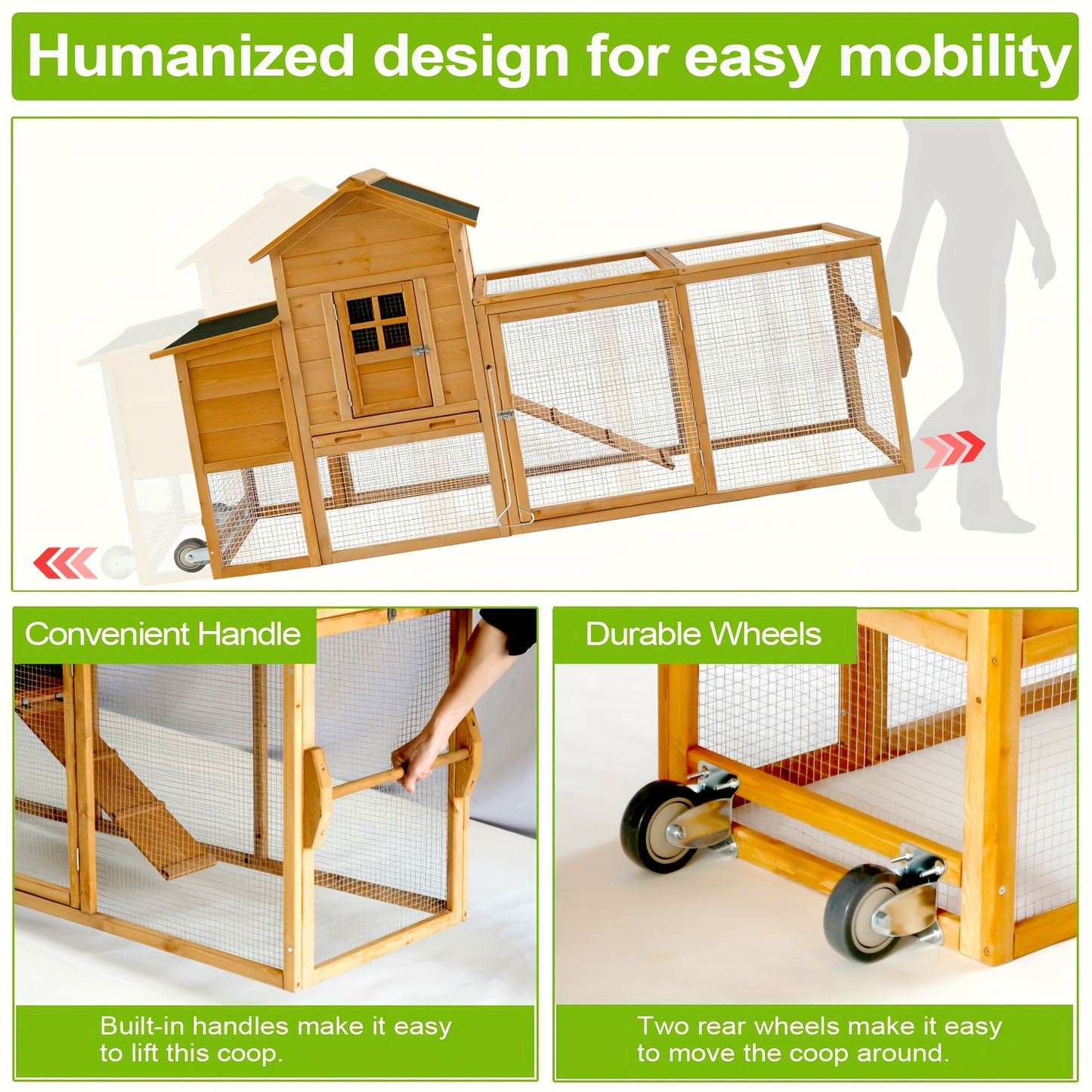 Chicken Coop with Run Large Outdoor Wooden Hen House 82 Inch Walk-in Poultry Cage for 2-4 Chickens Ducks Rabbits with Nesting Box Removable Tray Wheels