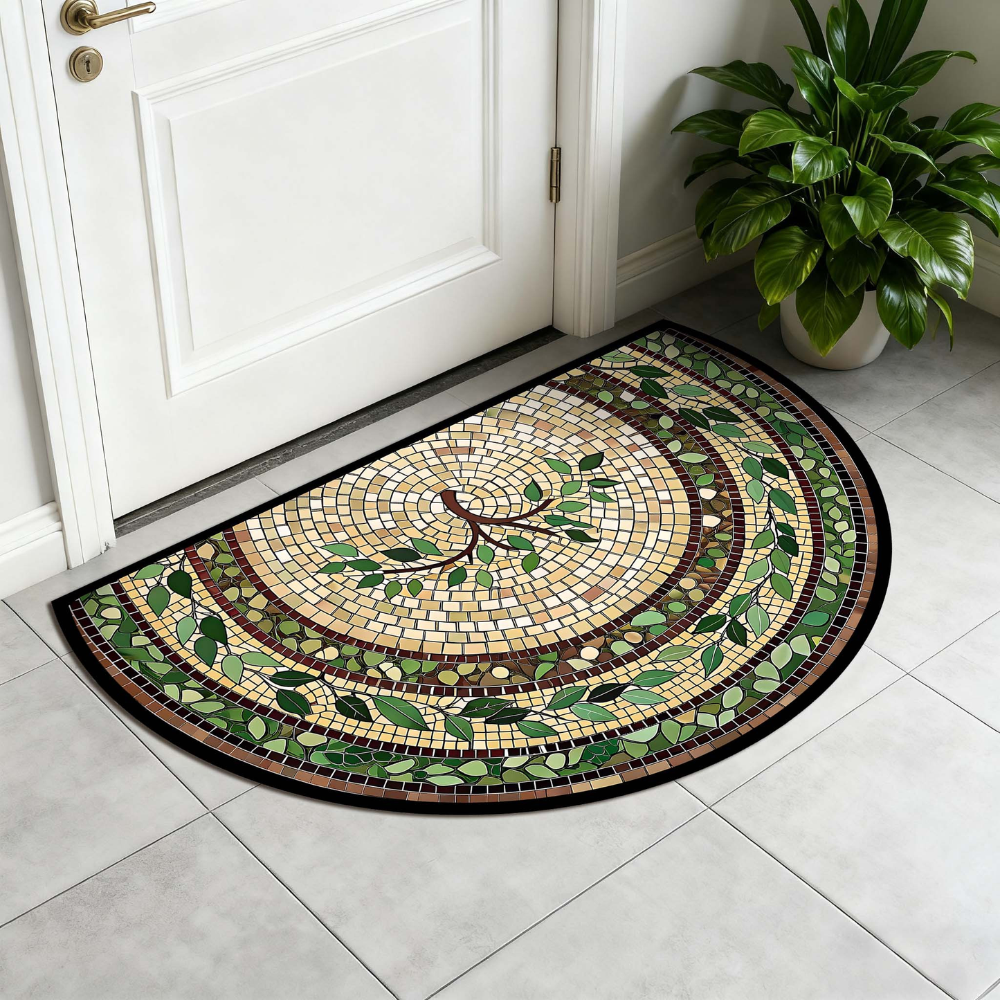 Non-Slip Bathroom Rug Semicircle Bath Mat, Crystal Velvet Soft Absorbent Floor Mat, Vintage Mosaic Vine Pattern, 60x90cm Entry Mat for Bathroom Bedroom Kitchen