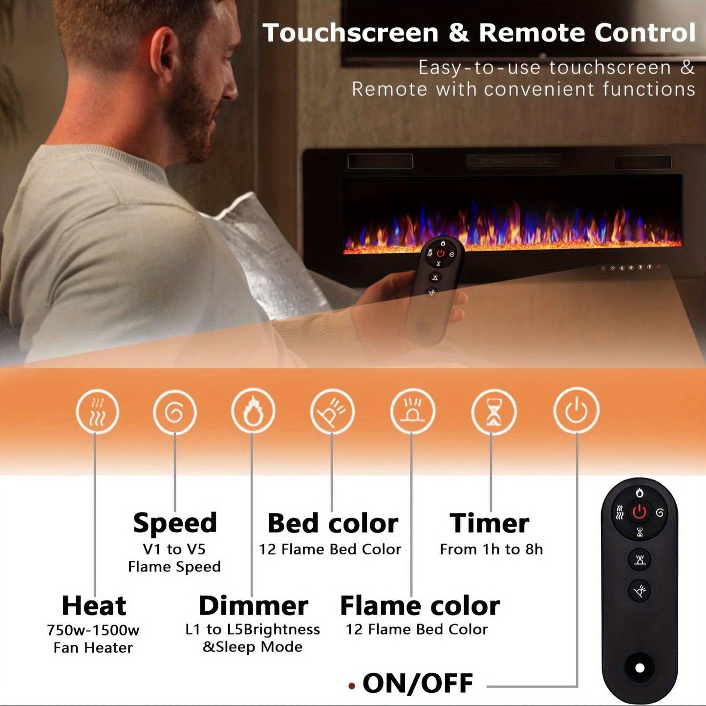 Wall Mounted Electric Fireplace Recessed In-Wall Linear Heater Multicolor Flame 750W/1500W Touch Screen Remote Timer Low Noise 30-60 Inch