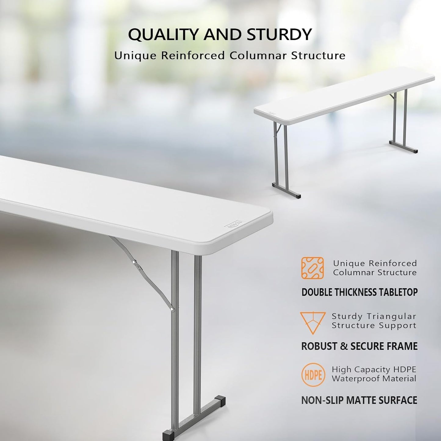 Folding Table 6 ft Narrow HDPE Top 350 lbs Capacity Steel Frame Portable Indoor Outdoor Table for Party, Buffet, Camping & Office