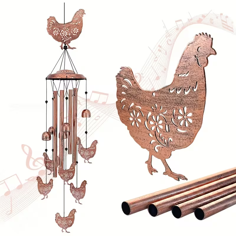 Wind Chime Outdoor Chicken Farmhouse Decor - Aluminum Tube Soothing Sound Garden Porch Patio Hanging Ornament