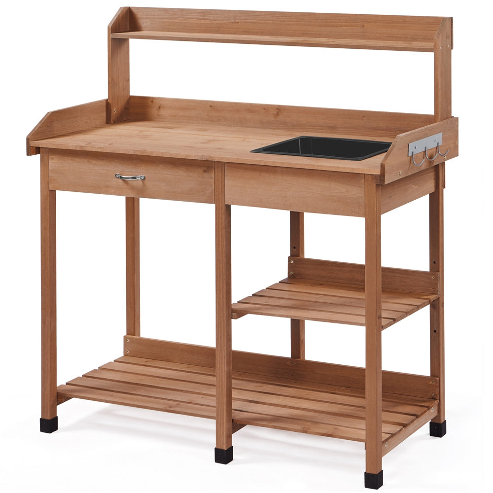 Garden Potting Table 4-Tier with Removable Sink, Adjustable Shelf, Drawer & Side Hooks, Outdoor Planter Stand for Yard Greenhouse in Wood, Brown & Gray