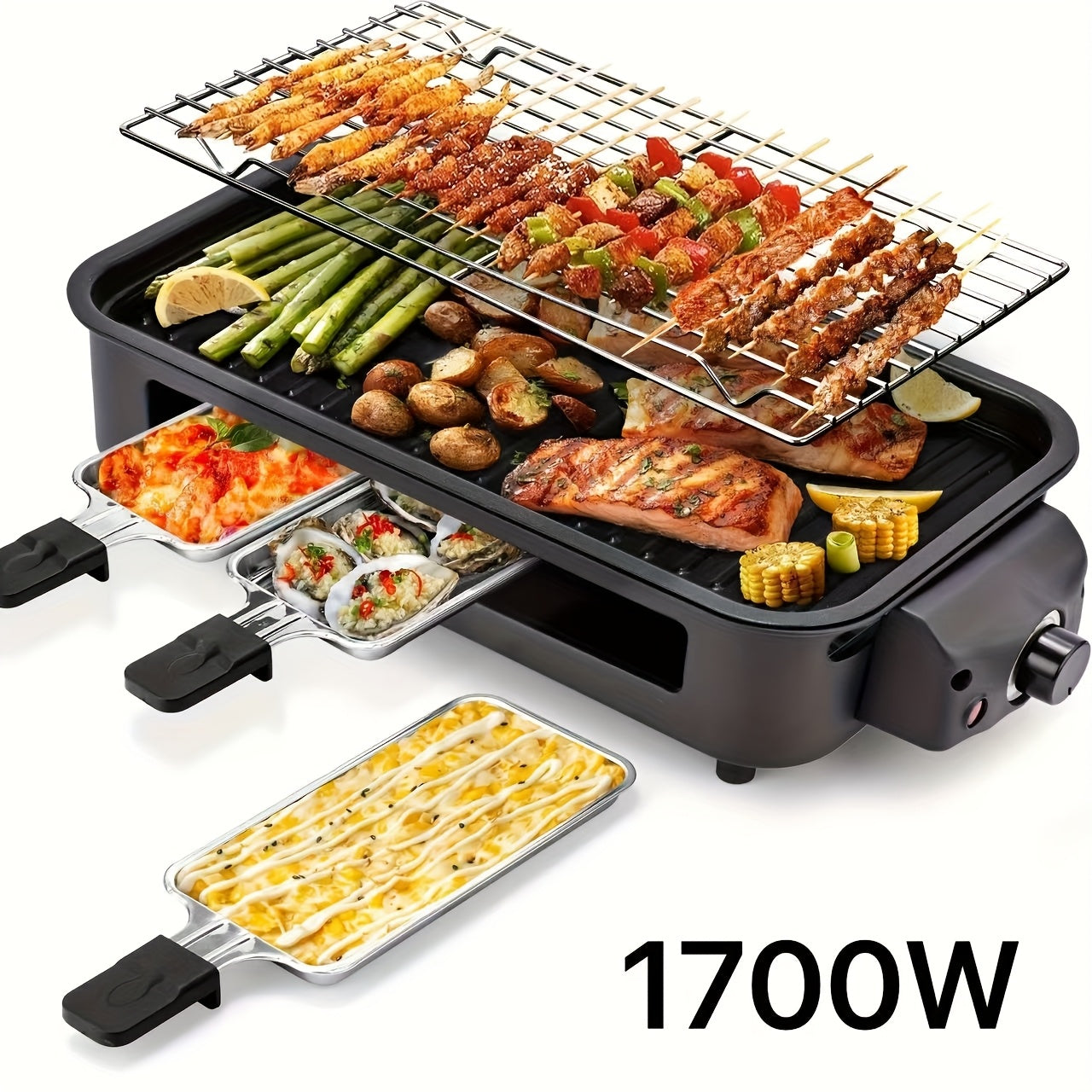 Indoor Electric Smokeless Grill 1700W with Raclette Pans, Non-Stick Dishwasher Safe Plate, Portable Tabletop BBQ Griddle for Couples