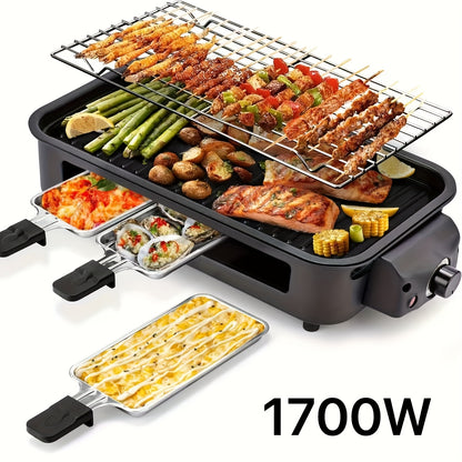Indoor Electric Smokeless Grill 1700W with Raclette Pans, Non-Stick Dishwasher Safe Plate, Portable Tabletop BBQ Griddle for Couples