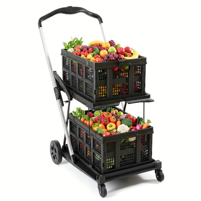 Two Tier Cart with 2 Storage Crates 360° Swivel Wheels, Heavy Duty Collapsible Shopping Trolley Folding Utility Cart for Groceries Picnic Office Multi-Use