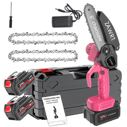 Electric Mini Chainsaw 6-Inch with Debris Guard & Toolbox - Cordless Handheld Pruning Saw with Safety Lock, Rechargeable Battery & Alloy Chain for Tree Pruning, Branch Cutting & Garden Use