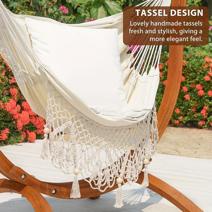 Hammock Swing Chair with Stand – Heavy-Duty Wood Frame Macrame Boho Handmade Hanging Chair with Cushion, 400 lbs Capacity for Yard, Garden & Porch
