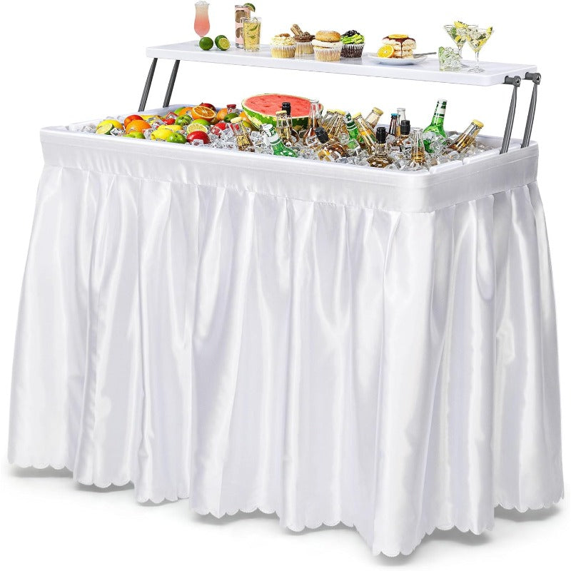 2-Tier Ice Table 40.5" Folding Bar Cooler with Drain, Skirt & Metal Shelf, Double-Layer Outdoor Beverage Station for Parties, BBQ & Camping