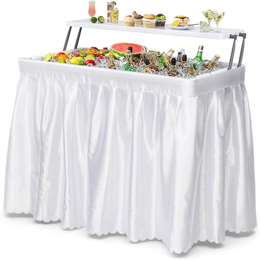 2-Tier Ice Table 40.5" Folding Bar Cooler with Drain, Skirt & Metal Shelf, Double-Layer Outdoor Beverage Station for Parties, BBQ & Camping
