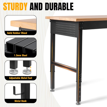 Workbench Heavy Duty Height Adjustable 28-40 Inch 2000 LBS Capacity Steel Frame Rubber Wood Top ETL Power Outlet Pegboard for Garage Workshop Home Office