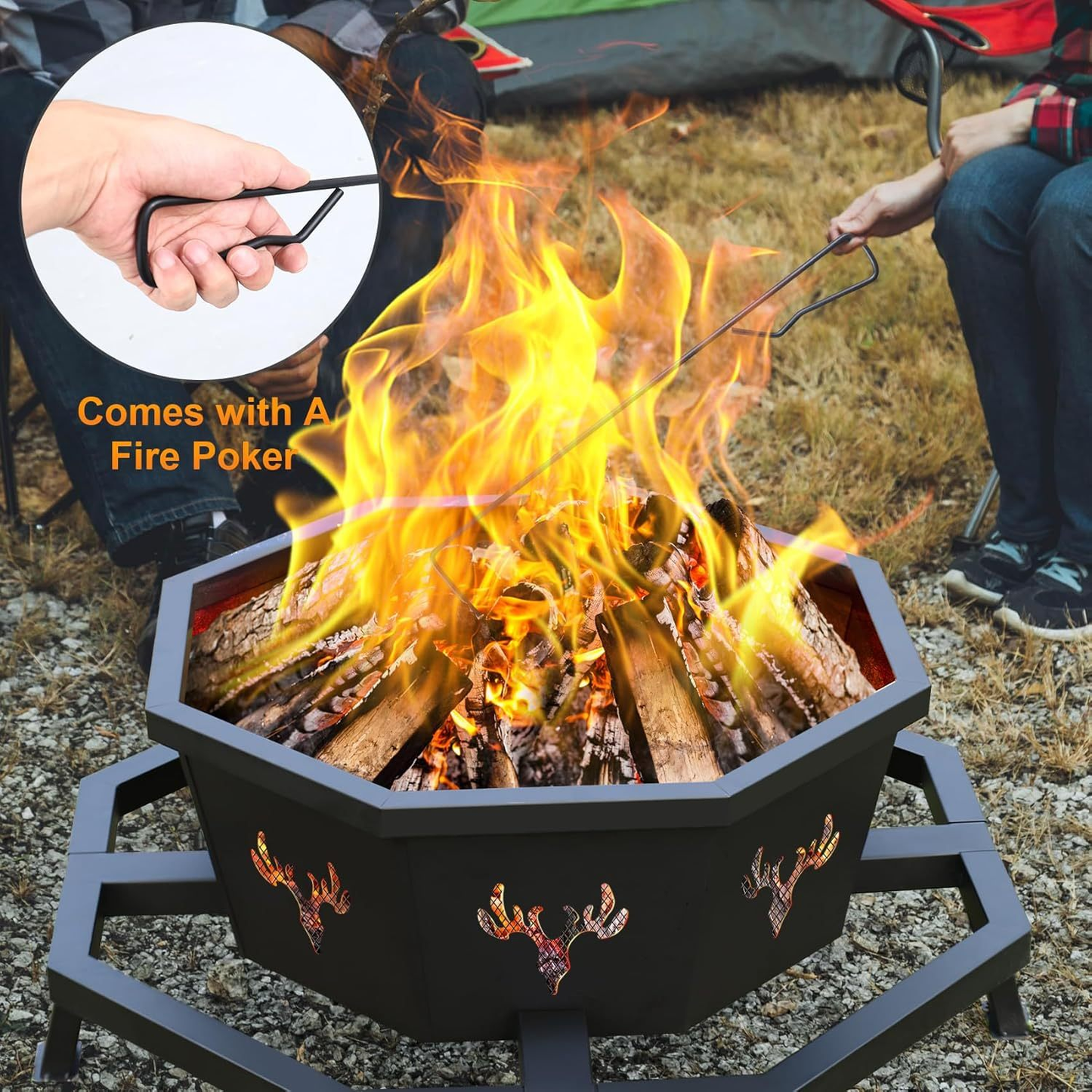 Outdoor Fire Pit 35 Inch Octagonal Wood Burning Fire Pit with Spark Screen, Poker & Grate for Backyard Patio Camping Bonfire