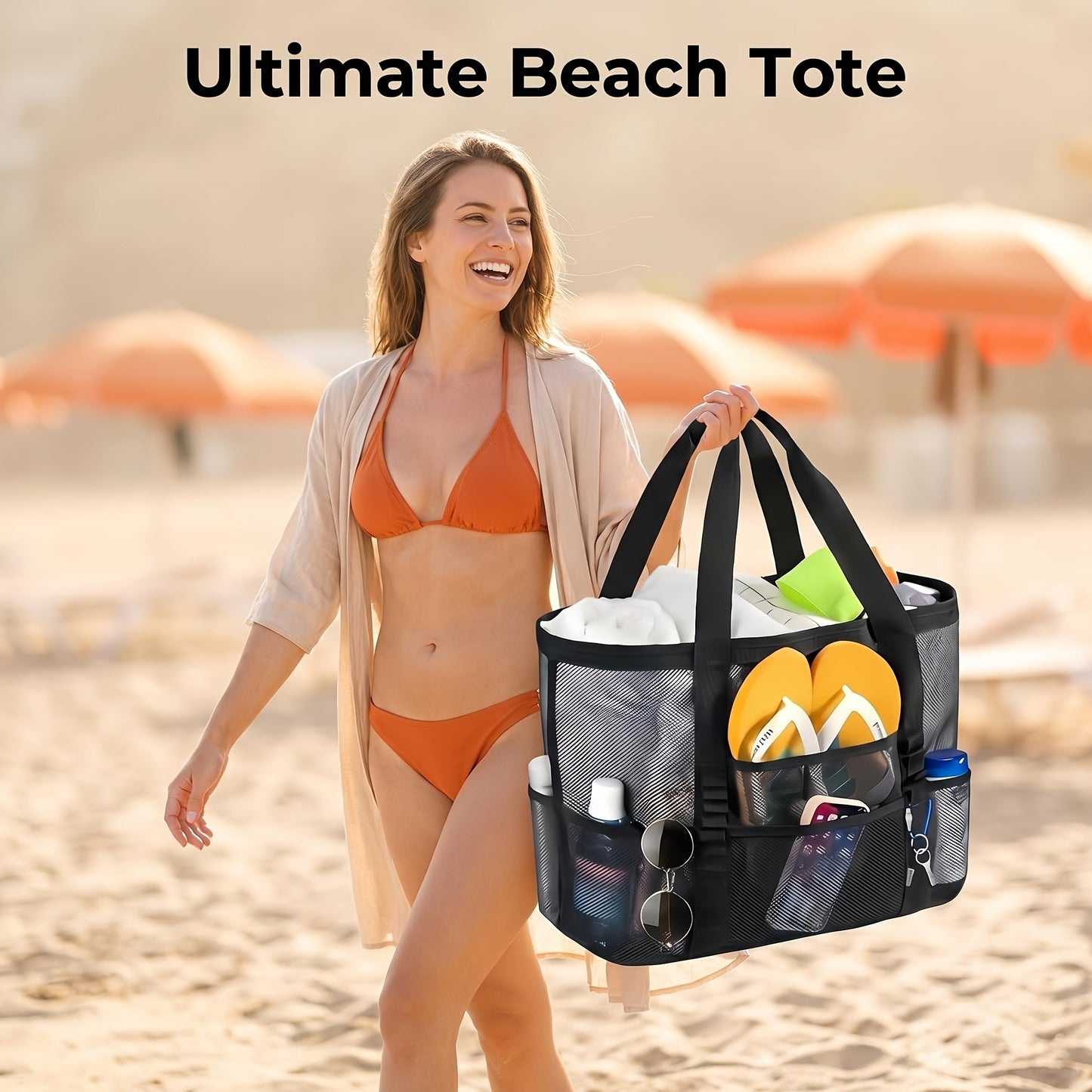 Mesh Beach Tote Bag Large Capacity with Multiple Pockets – Lightweight See Through