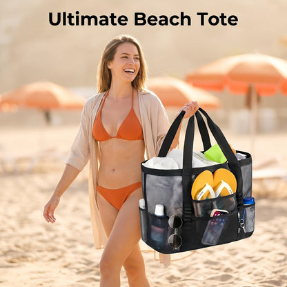 Mesh Beach Tote Bag Large Capacity with Multiple Pockets – Lightweight See Through