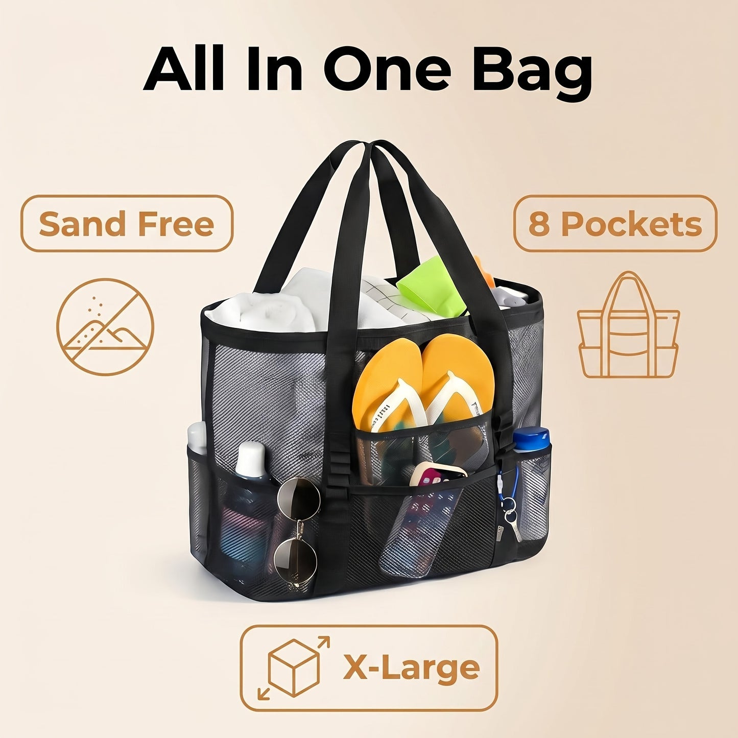 Mesh Beach Tote Bag Large Capacity with Multiple Pockets – Lightweight See Through