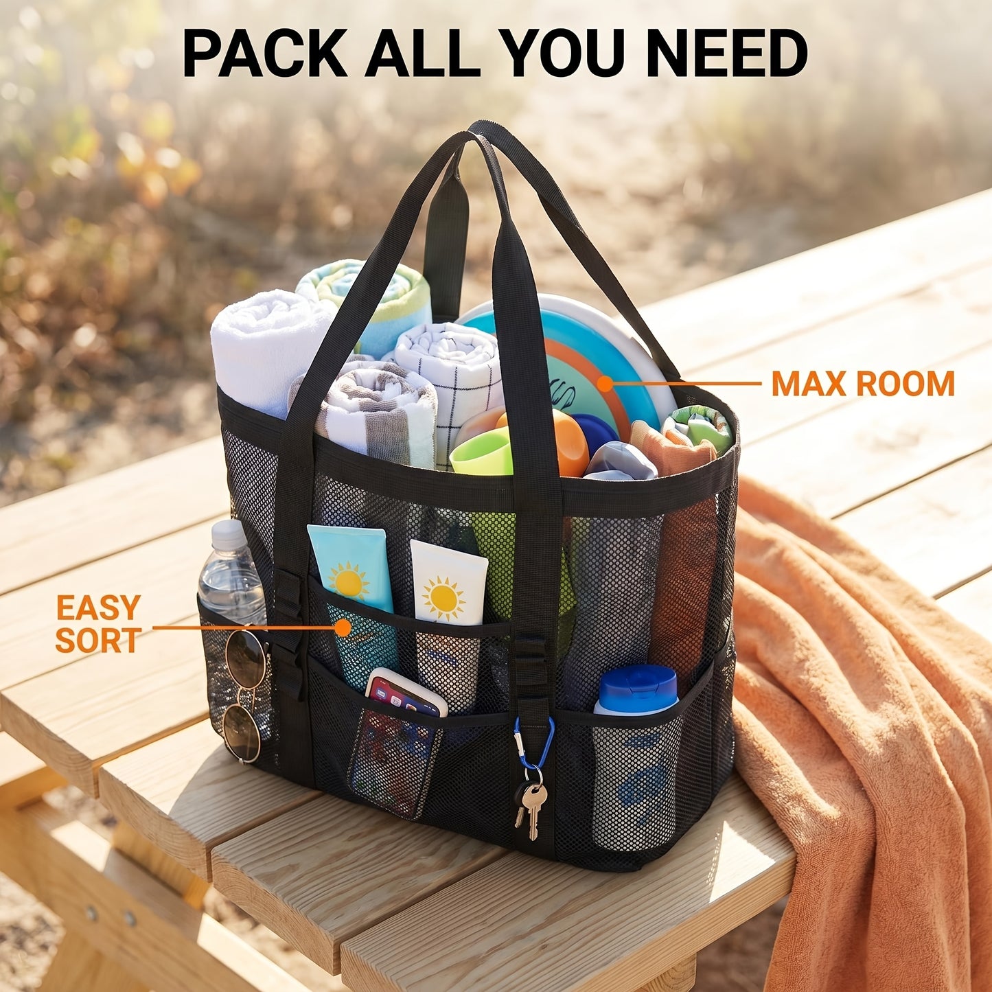 Mesh Beach Tote Bag Large Capacity with Multiple Pockets – Lightweight See Through