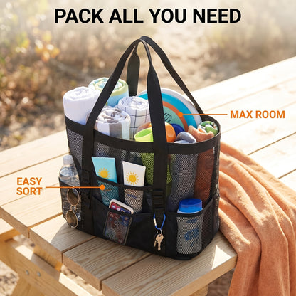 Mesh Beach Tote Bag Large Capacity with Multiple Pockets – Lightweight See Through