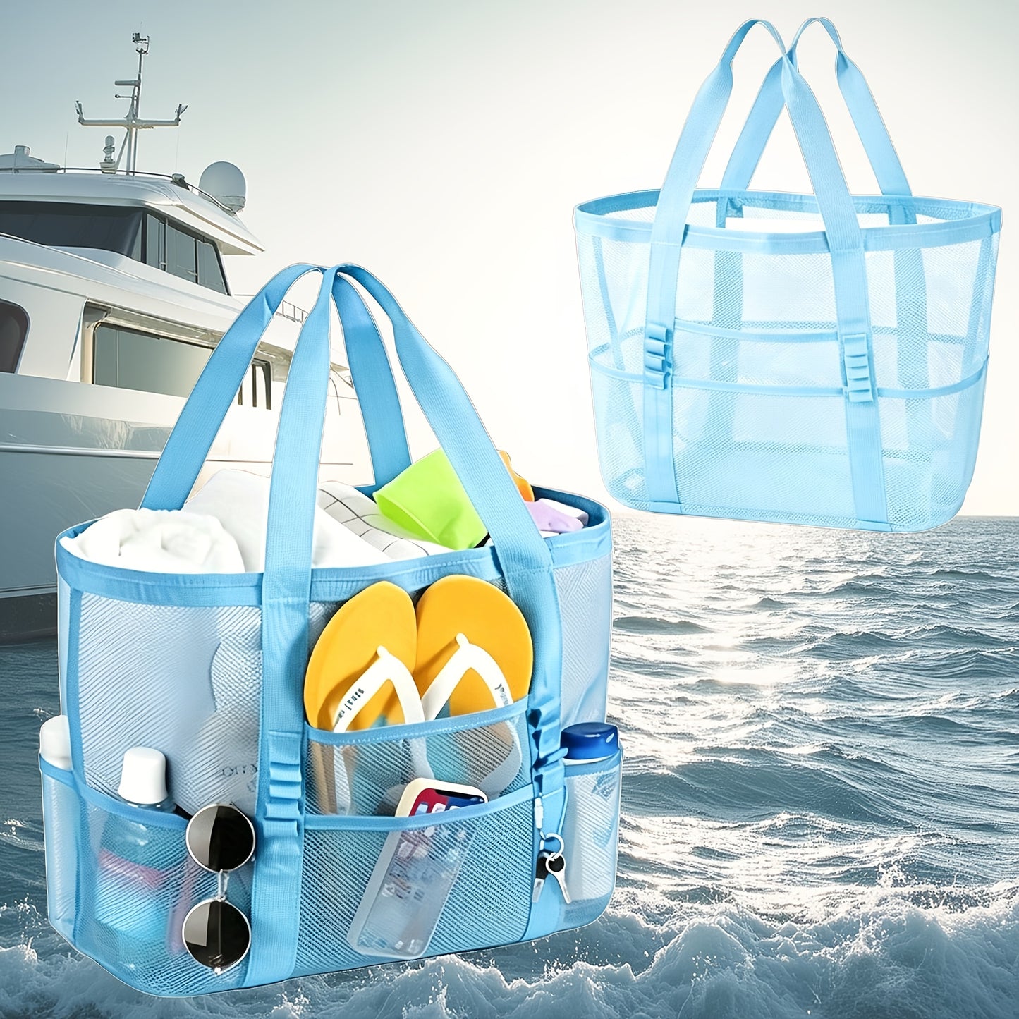 Mesh Beach Tote Bag Large Capacity with Multiple Pockets – Lightweight See Through
