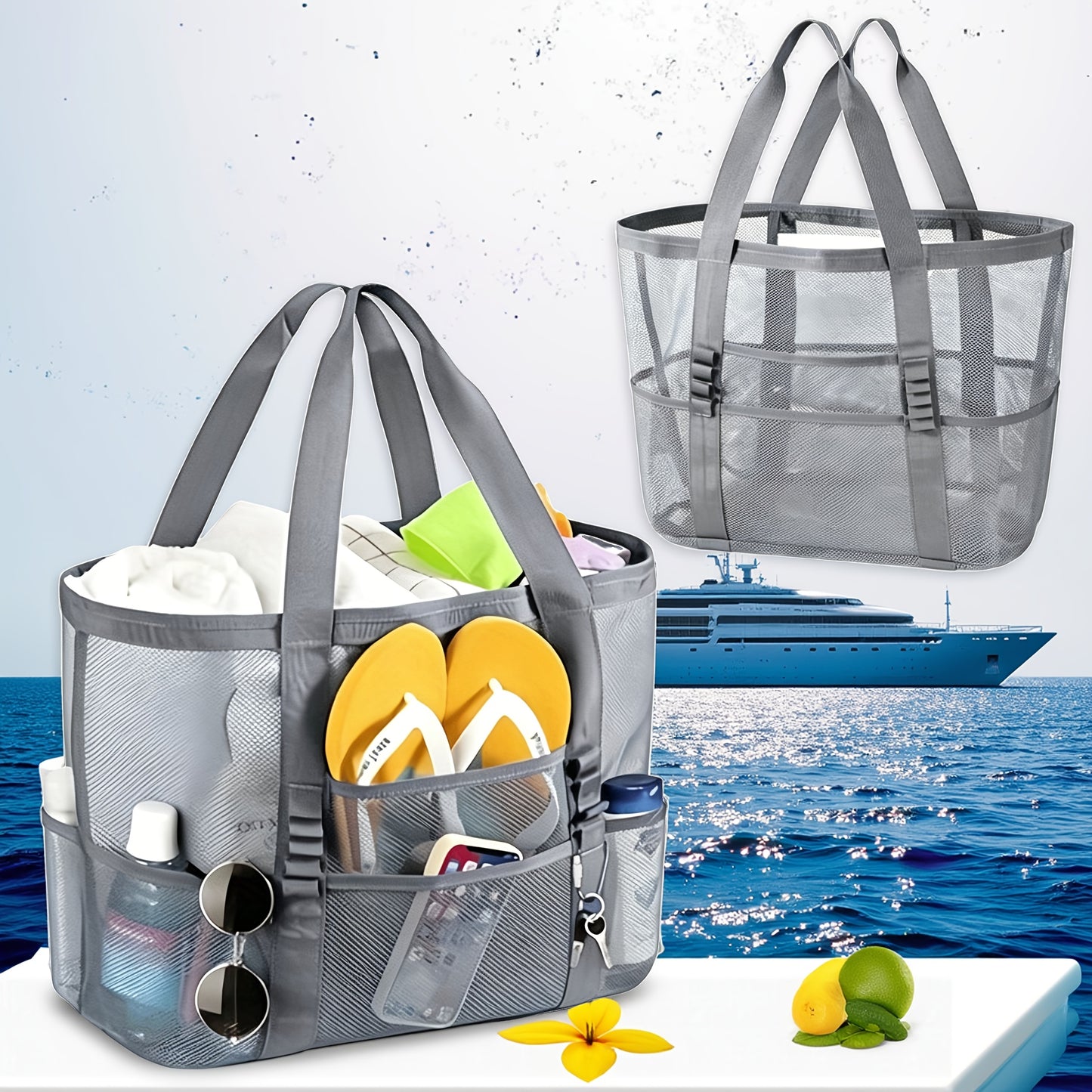 Mesh Beach Tote Bag Large Capacity with Multiple Pockets – Lightweight See Through