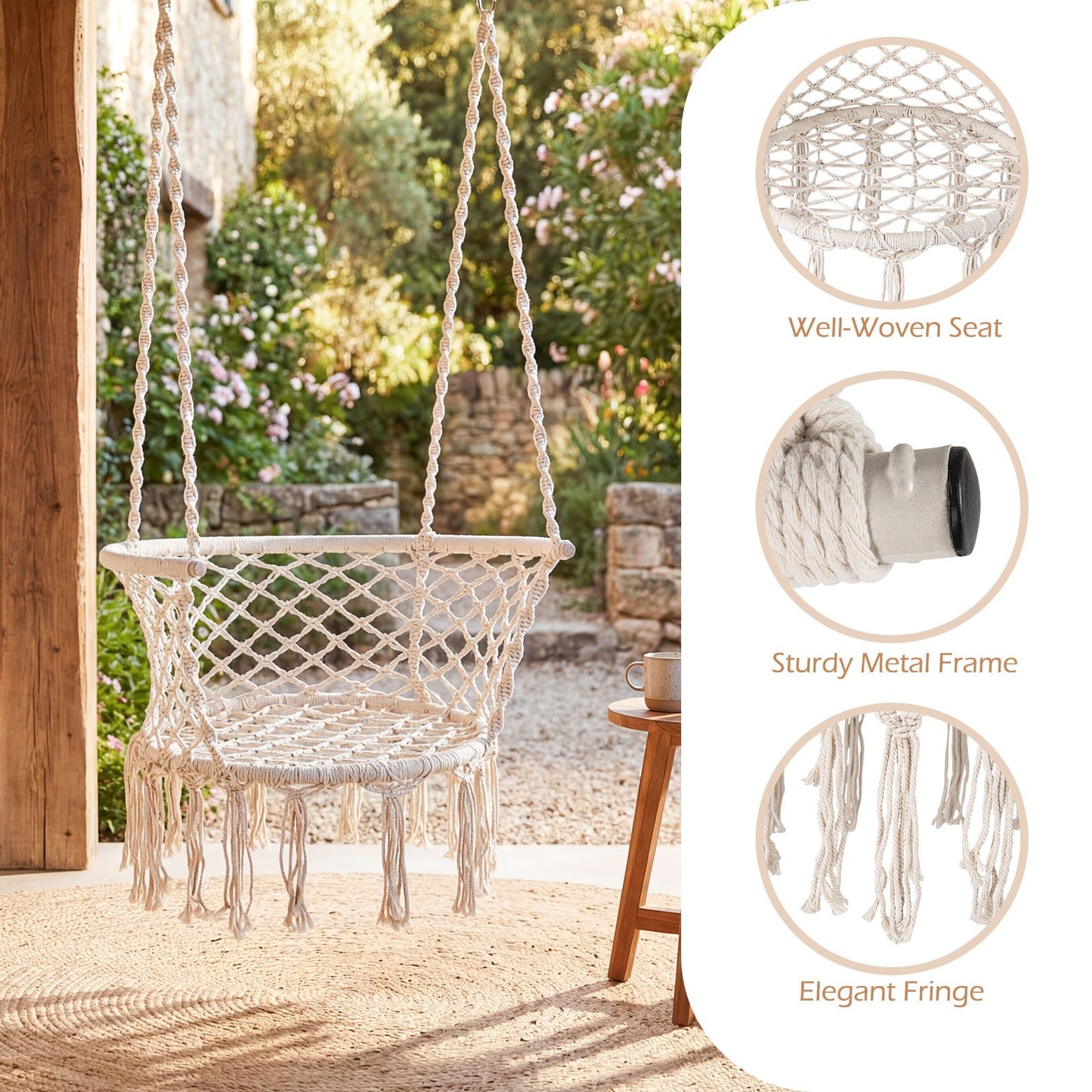 Macrame Hammock Chair – Knitted Boho Swing Chair with Cotton Rope, 350 lbs Capacity, Hanging Chair for Indoor Outdoor Bedroom Patio Balcony Garden