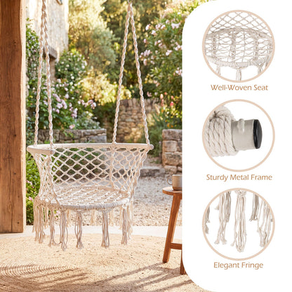 Macrame Hammock Chair – Knitted Boho Swing Chair with Cotton Rope, 350 lbs Capacity, Hanging Chair for Indoor Outdoor Bedroom Patio Balcony Garden