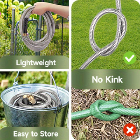 Stainless Steel Metal Garden Hose | Kink-Free, 10-Function Nozzle, Brass Fittings – 10FT to 150FT