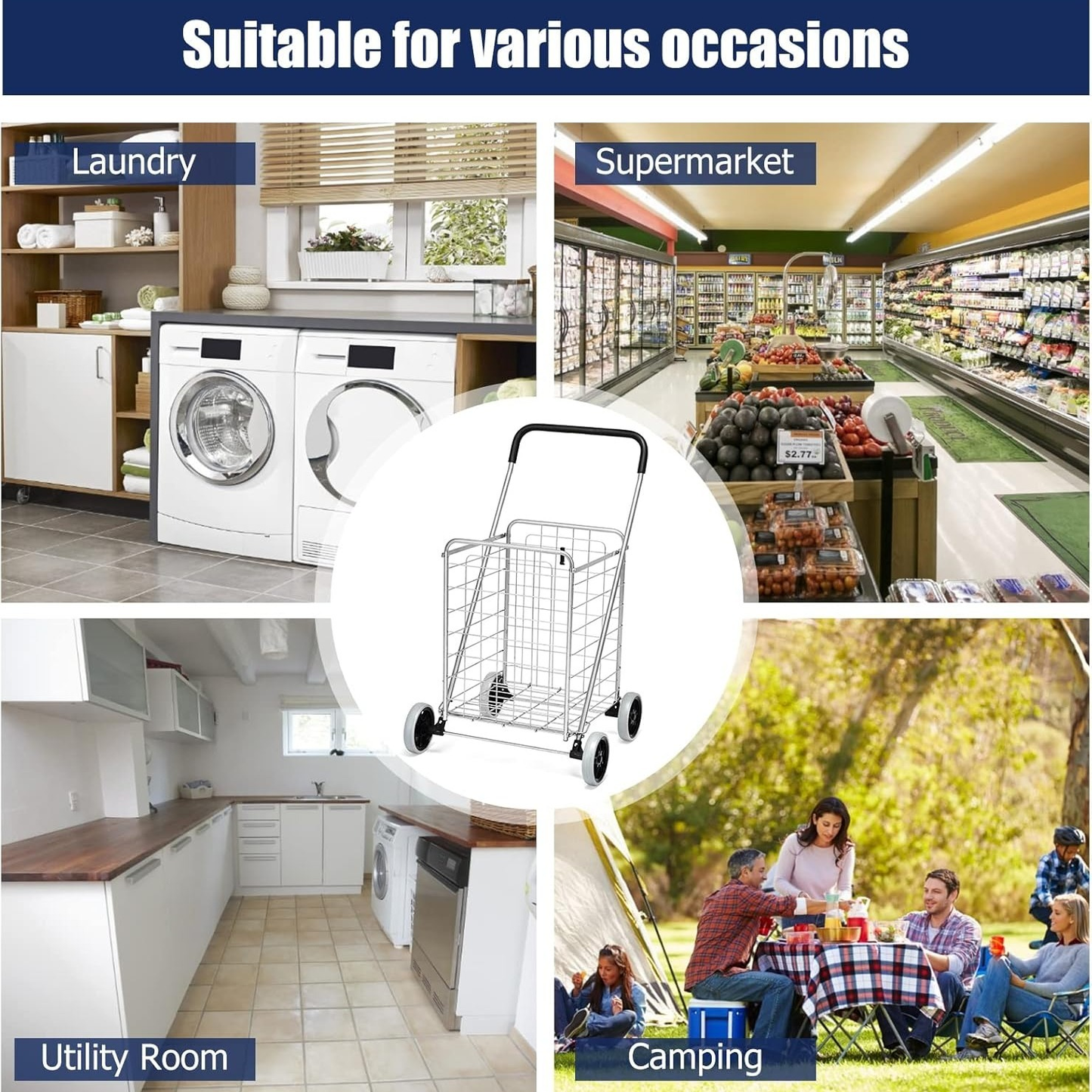 Rolling Shopping Cart Heavy Duty Metal Basket 100 LBS Capacity, Foldable Grocery Utility Cart with Foam Handle Large Wheels 22 Gal for Supermarket Laundry Warehouse