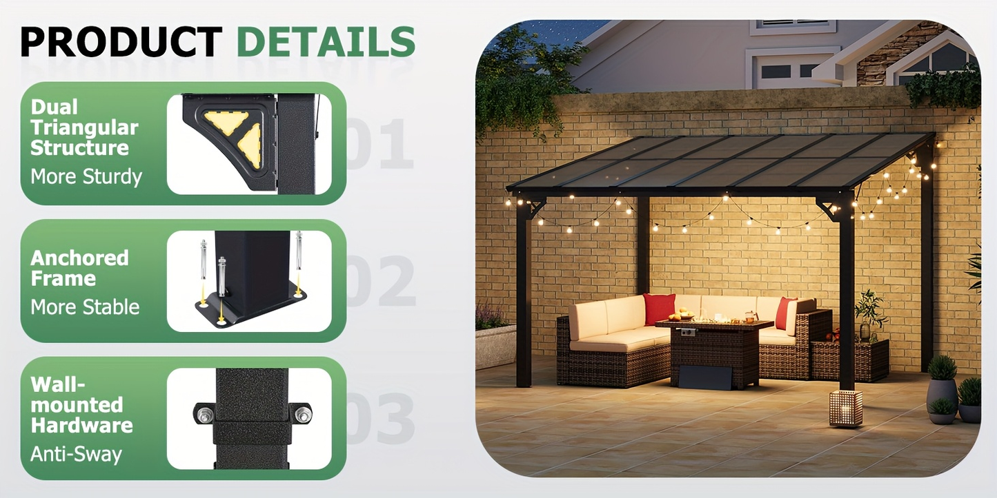 Lean-To Pergola Wall-Mounted Aluminum Louvered Roof Patio Awning
